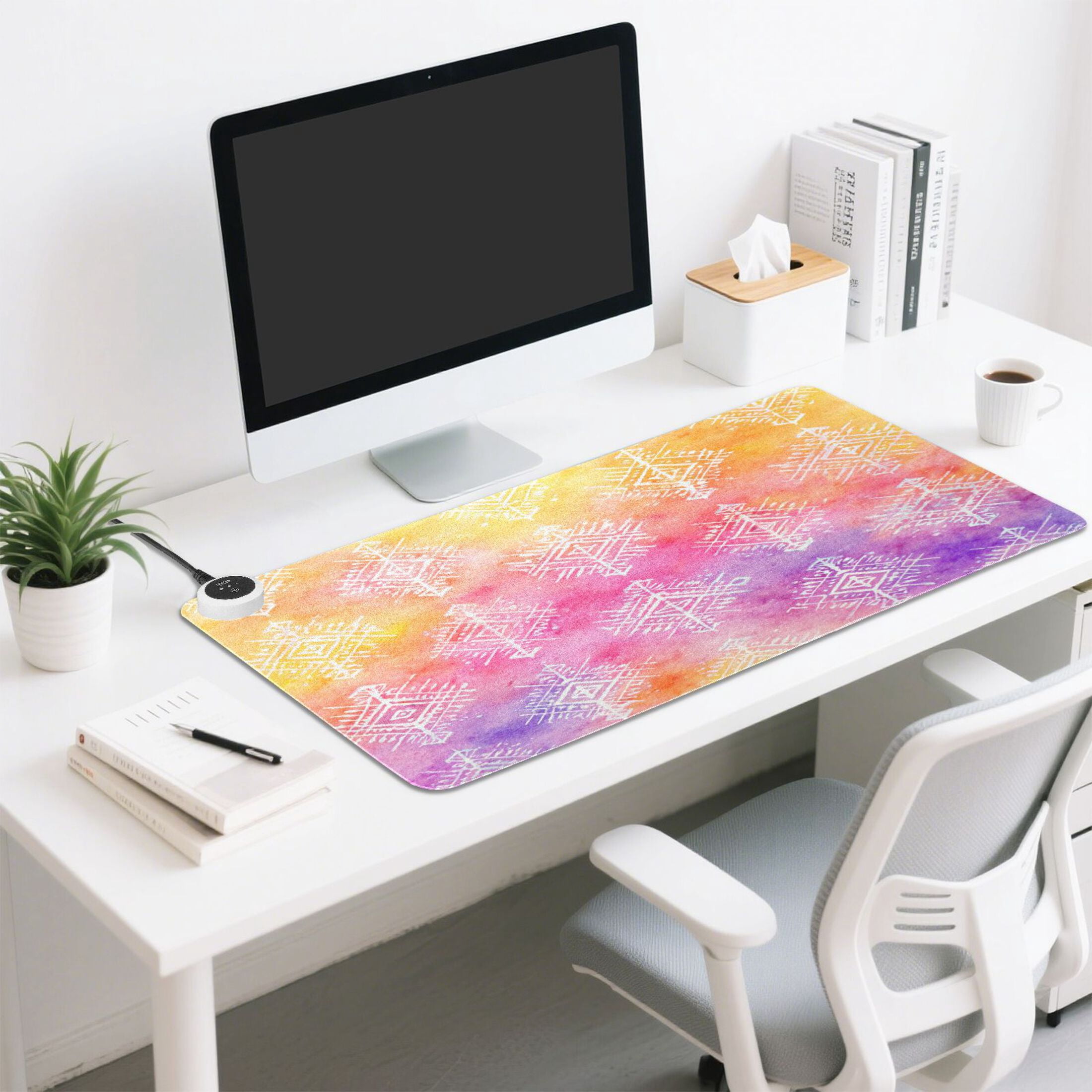 Large Heated Desk Mat Mouse Pad 31.5"x13"PU Leather Graphene Heating Desk Warmer with 3 Temperature Settings 110V US Plug Non-Slip Warm Pad for Home, Office, and Gaming Ombre Ethnic Geometric Print