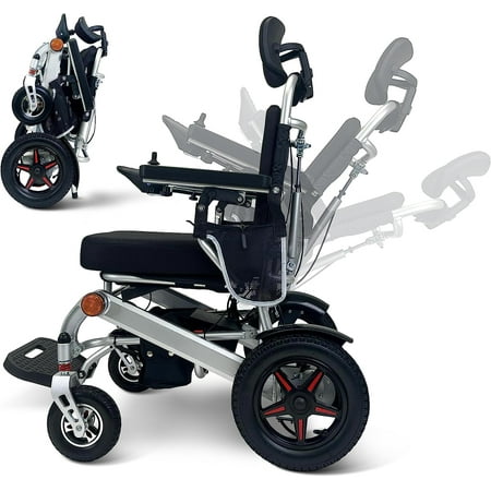Ephesus E7 Folding Electric Wheelchair, Reclining Backrest, All-Terrain, Comfortable 18" Seat, 300 lbs Capacity (Silver)
