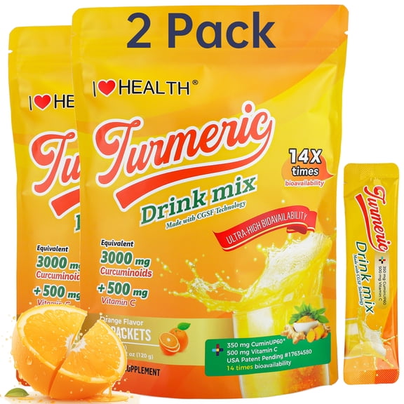 Daily Turmeric Drink Mix Powder - 3000mg Curcuminoids & Vitamin C - Vegan - 15 Instant Packets