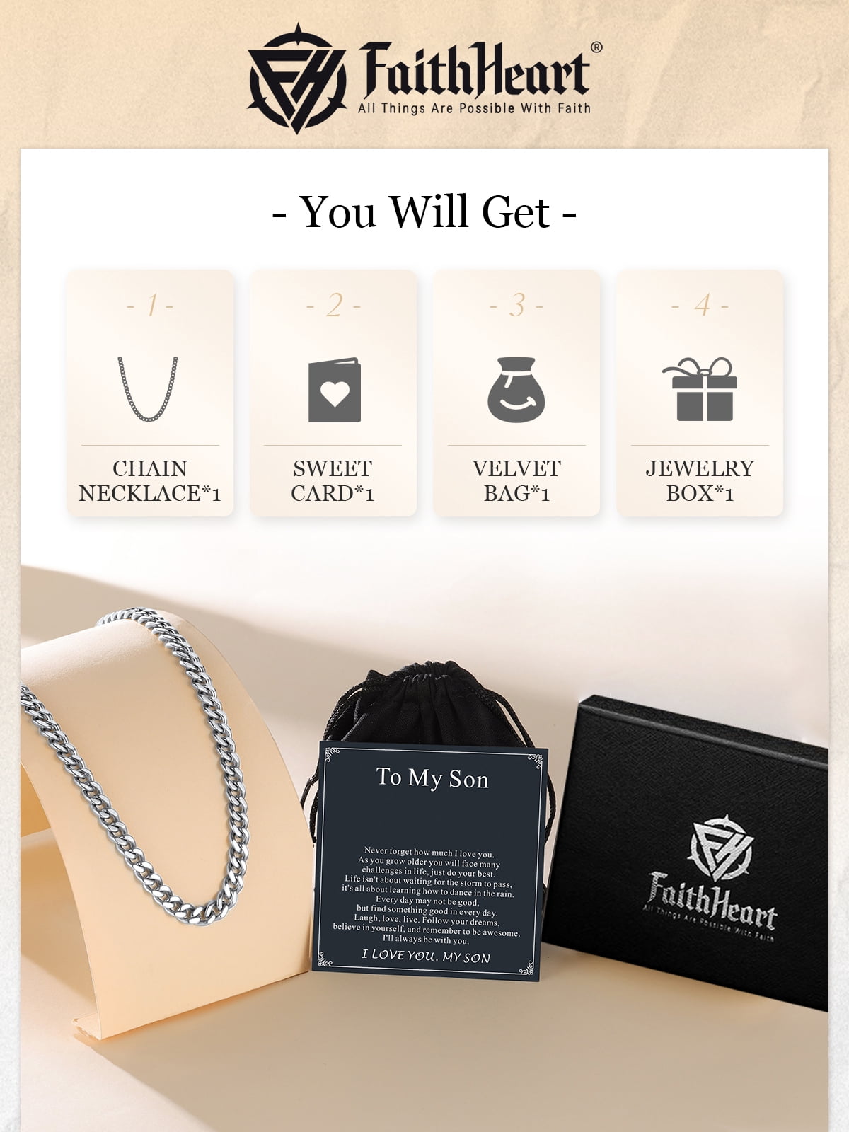 FaithHeart Cuban Link Chain Necklace for Men Stainless Steel Silver Jewelry Gift with Card To My Son Birthday Christmas Graduation 7mm 20"