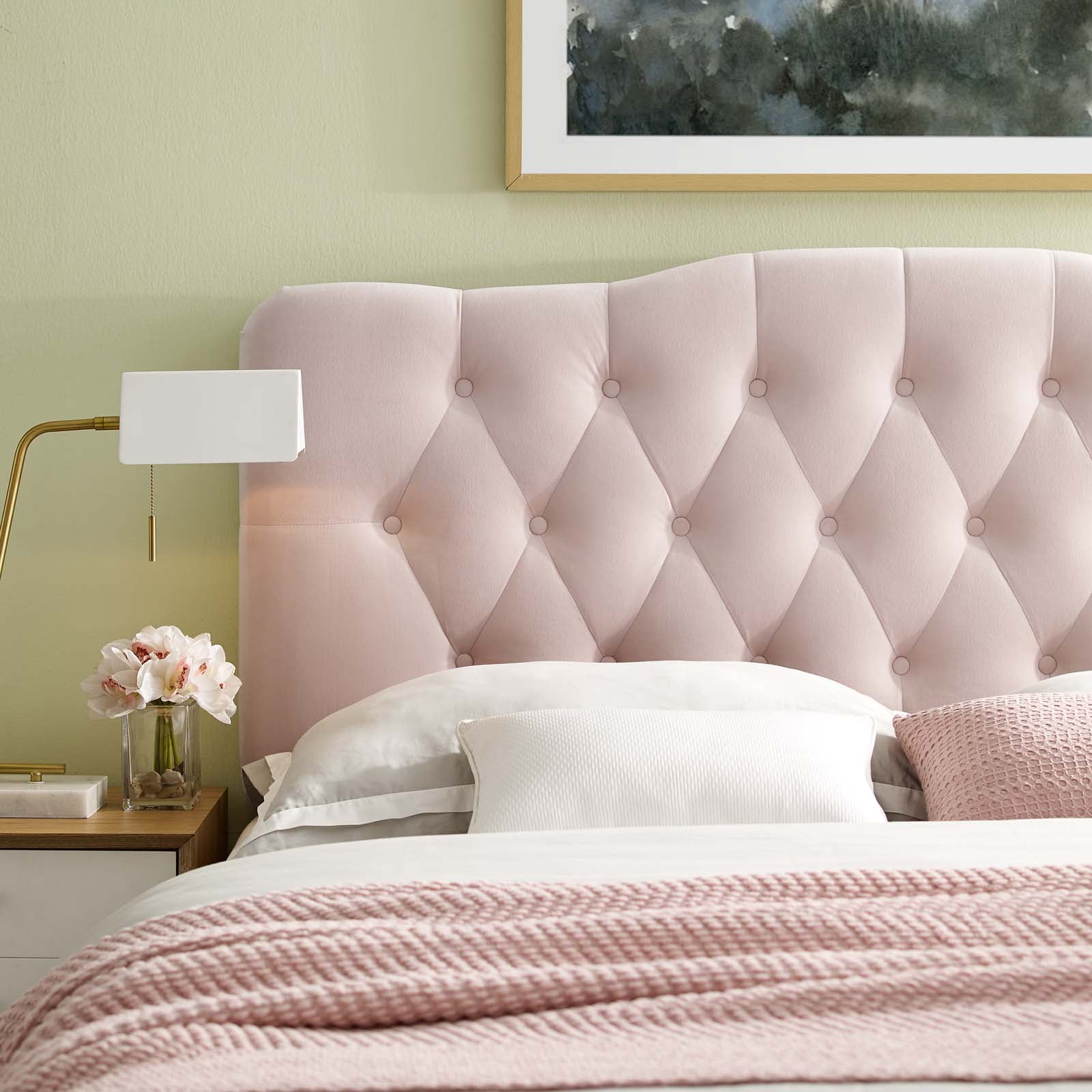 Contemporary Modern Urban Designer Bedroom Full Size Tufted Headboard, Velvet Fabric, Pink