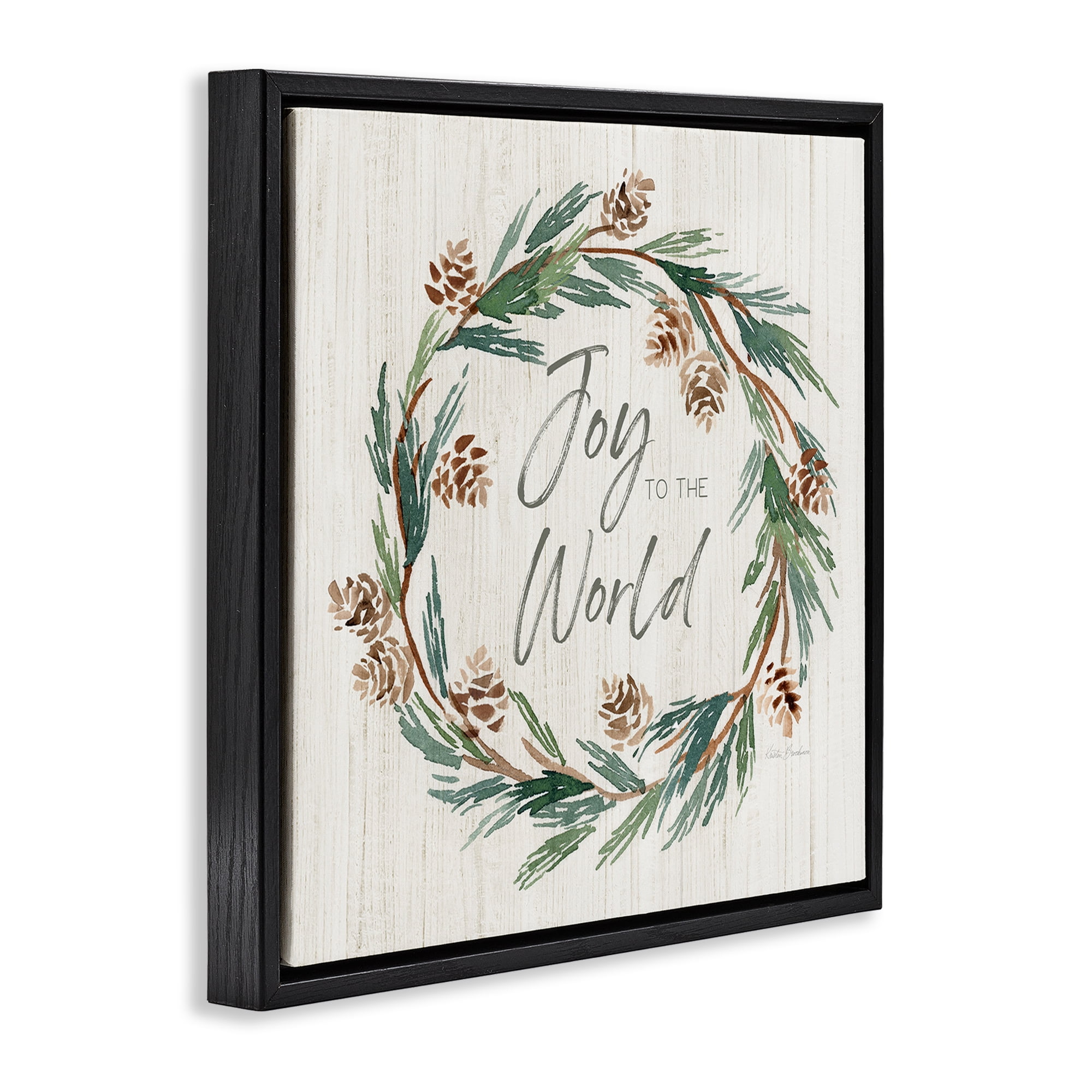 Stupell Industries Joy Pinecone Wreath Holiday Painting Black Floater Framed Canvas Art Prints Wall Art, 18 x 18