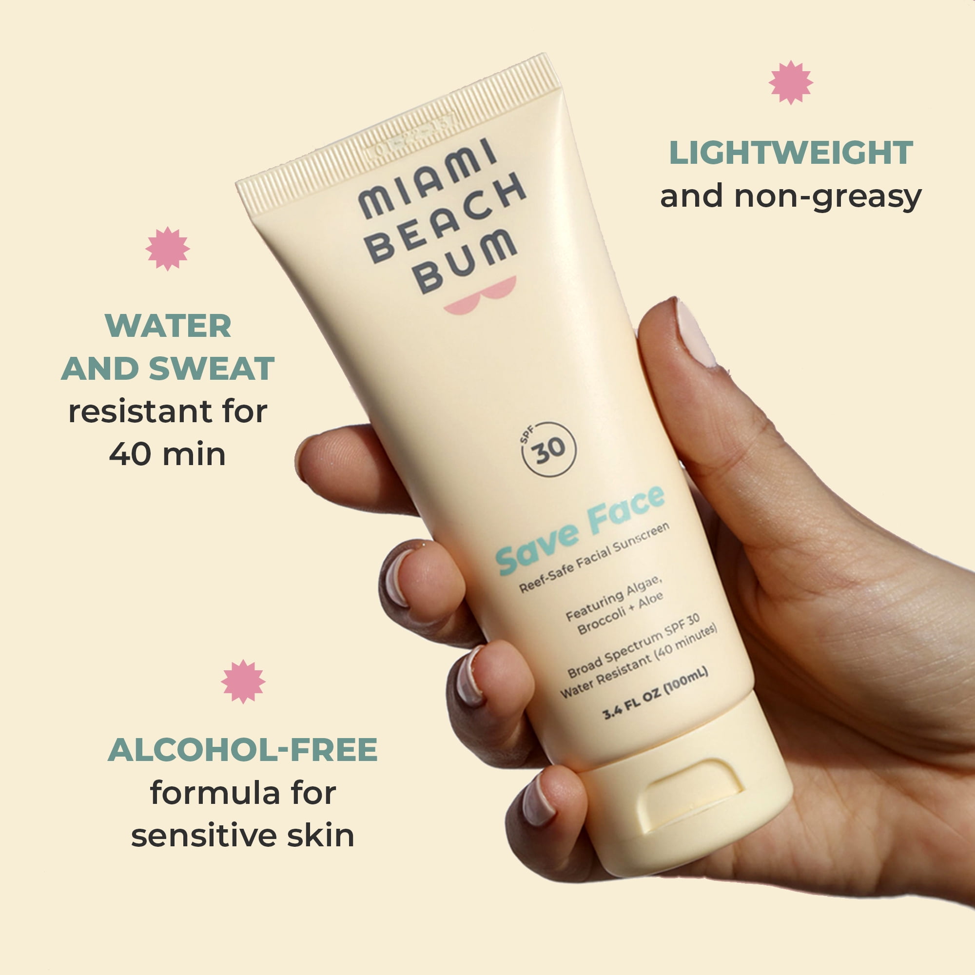 Miami Beach Bum Reef-Safe SPF30/ 40 Min Water Resistant Mineral Broccoli Face Cream, Fragrance-free, 3.4oz