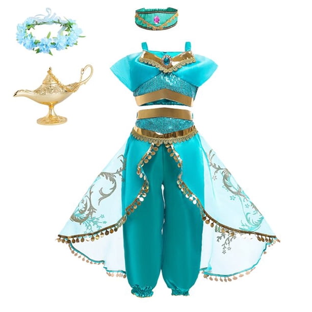 Aladdin agic Lamp Girls Costume Top + Pants + Headband Set Jasmine Princess Dress of Birthday Party Carnival Cosplay Clothing3T (110) Gao Jinjia LED