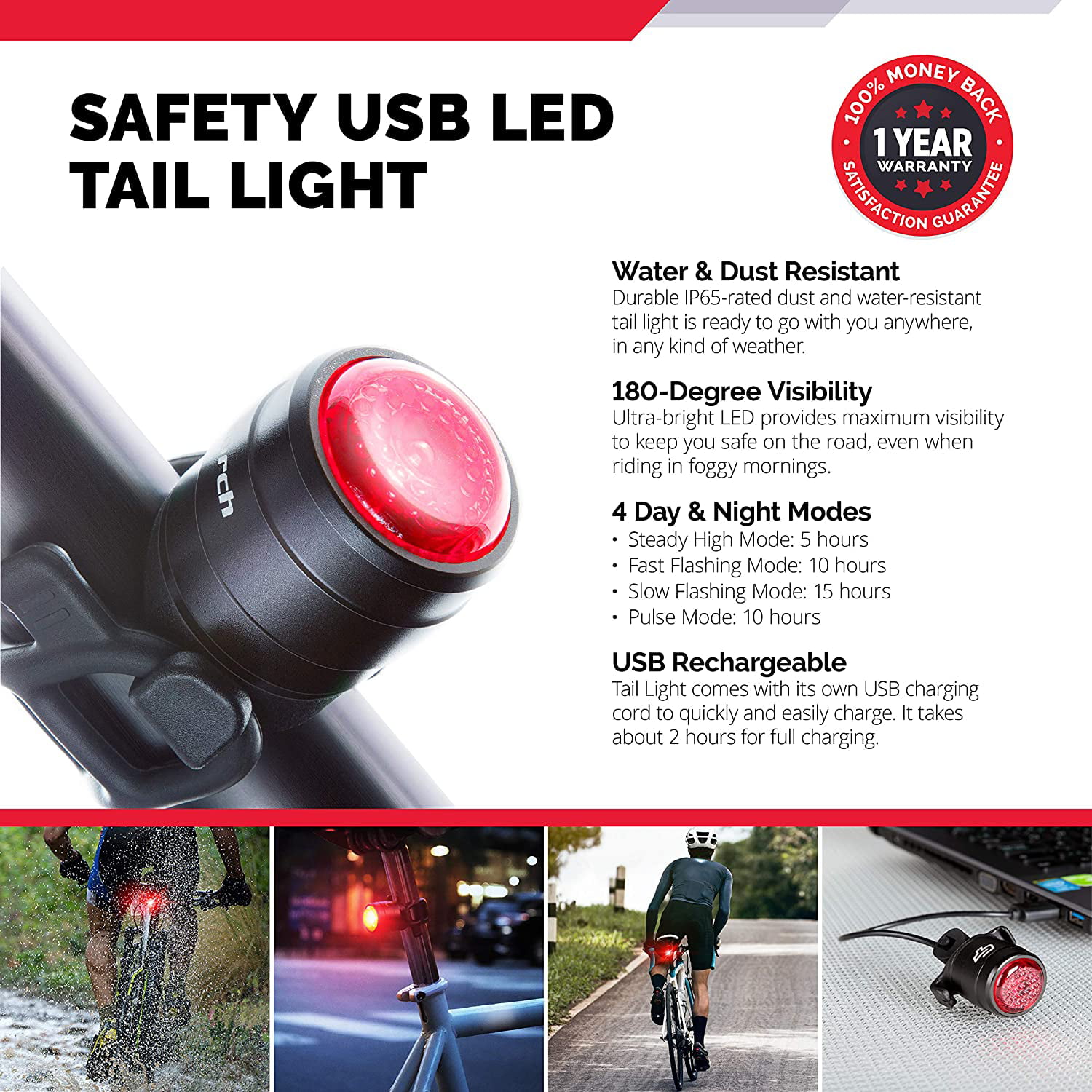 IP65 Waterproof Mountain Road Headlight and Taillight USB Rechargeable 6 LED Front and Back Rear Bicycle Light Combo 