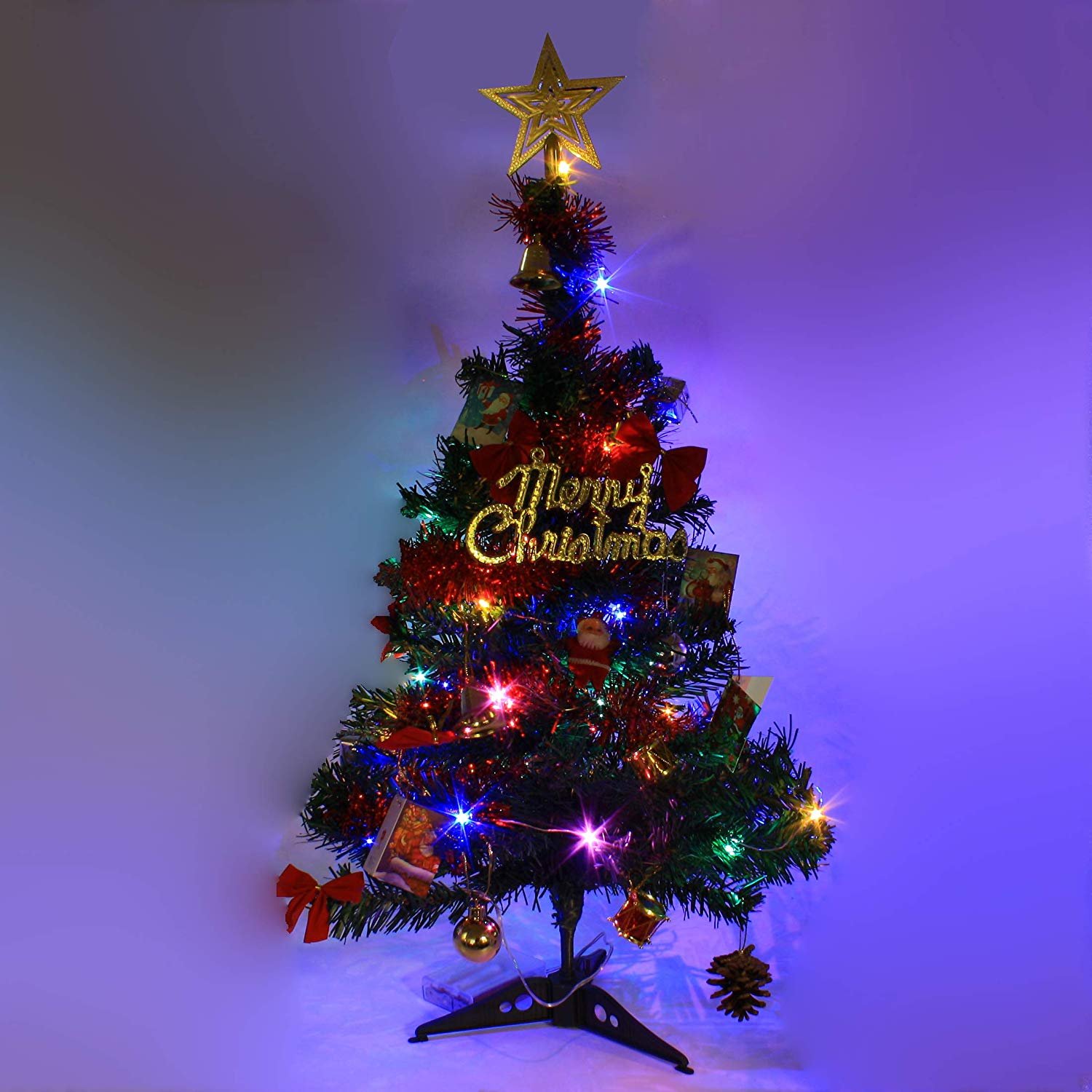 Wideskall 2 Feet Tabletop Artificial Mini Green Christmas Pine Tree with 30 Multi-Color LED Lights & Ornaments