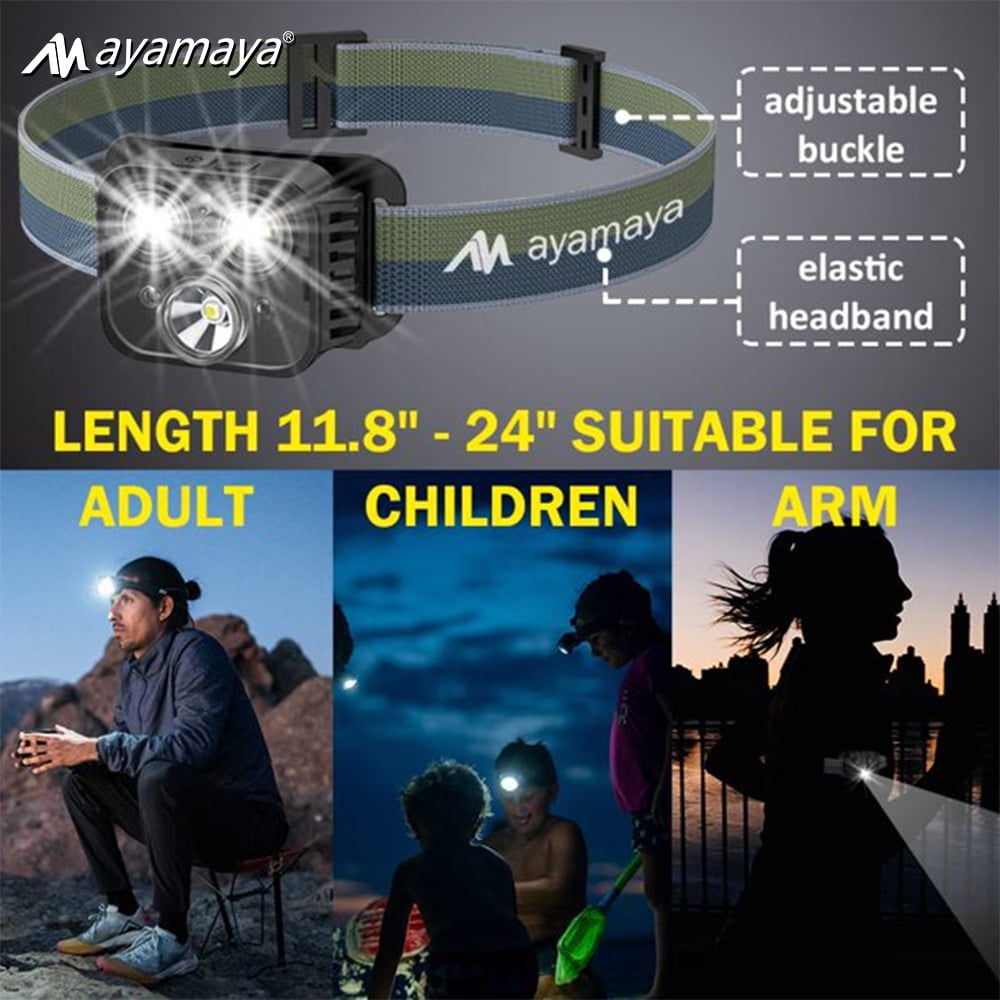 "AYAMAYA LED Headlamp USB Type-A Rechargeable, 500 Lumen Bright Motion Sensor Head lamp Flashlight with Red Light,6 Modes Waterproof Headlight [2 PACK]"