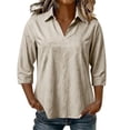 thumbnail image 6 of Women 3/4 Length Sleeve Shirts Lapel V Neck Solid Color Summer Tops Soft Cotton Casual Loose Fit T-Shirts (S, Beige), 6 of 7