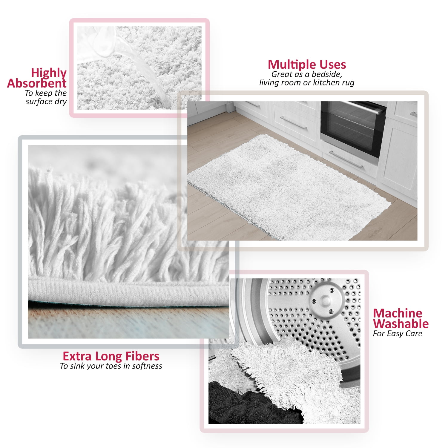 Clara Clark Set of 3 Absorbent Bath Mat Non-Slip Backing Rubber Bathroom Rugs, Large, 32x48, White