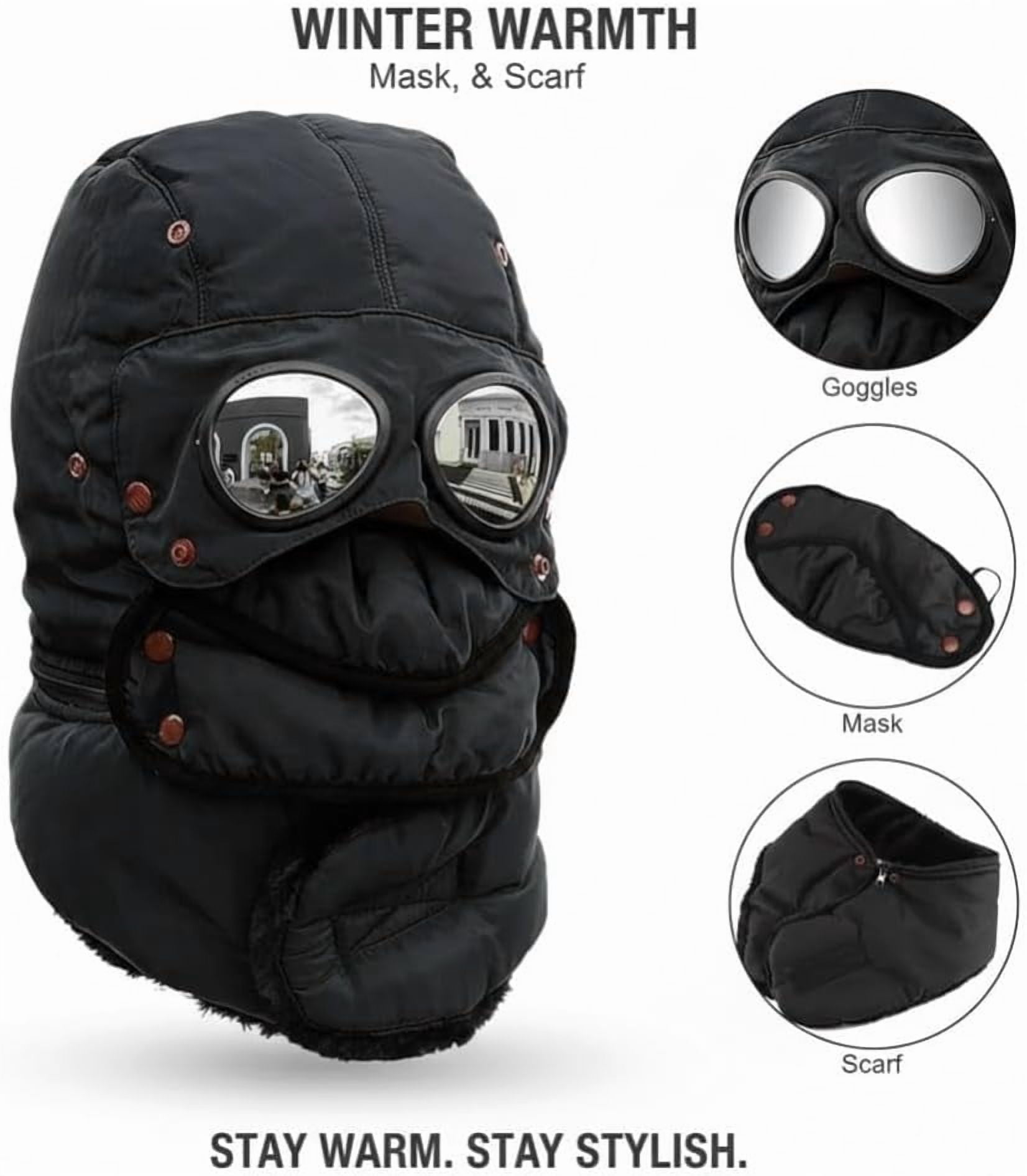 Winter Thermal Hat with Glasses, Winter Pilot Hat Trapper Hats, Beanie with Goggles, Cycling Windproof Ski Mask Cap