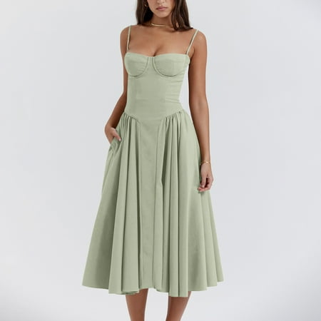 JULMCOMO Pleated Dress for Women Going Out Spaghetti Straps Corset Midi Dress Pleated Sleeveless Vintage Black Dresses a Line Beach Dress with Pockets Light Green M