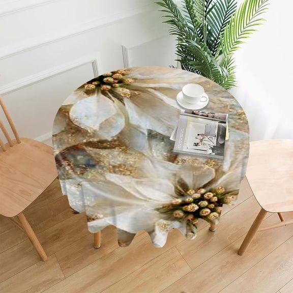 RKSupls 60 Inch Round Tablecloth, White Poinsettia Gold Premium Polyester Straight Edge Wrinkle Resistant Washable Table Cover for Party Home Dining Decor