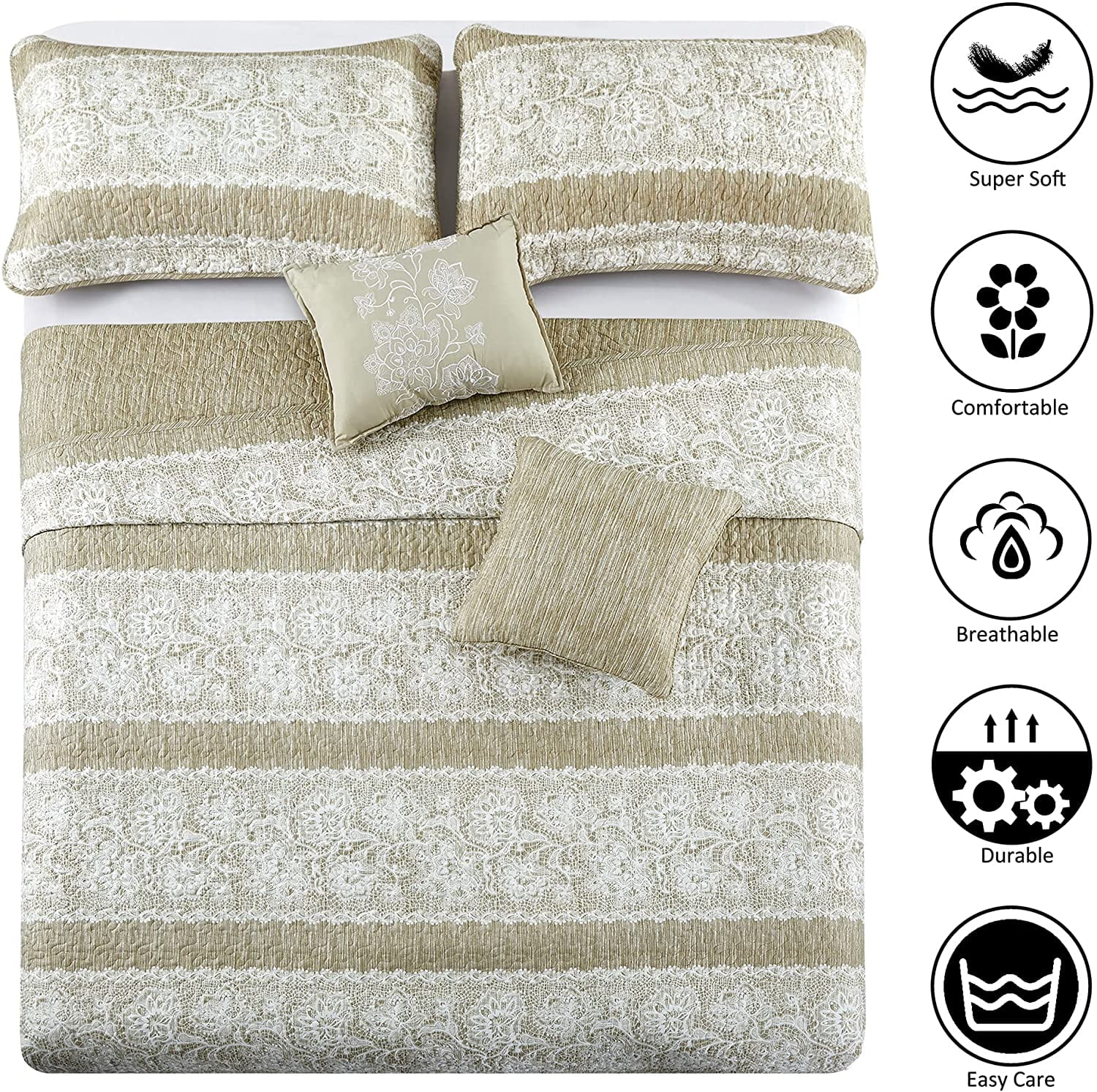 Home Soft Things 5 Piece Printed Microfiber Quilts Bedspread Set - Emma - Taupe - Oversize (122" x 106")