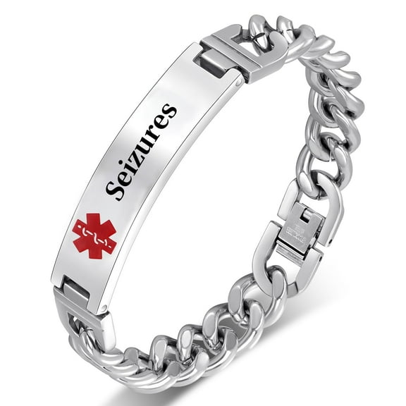 Vagzen Stainless steel Medical Alert ID Bracelet for Men, Engraved Seizures, Silver, 8.46 In