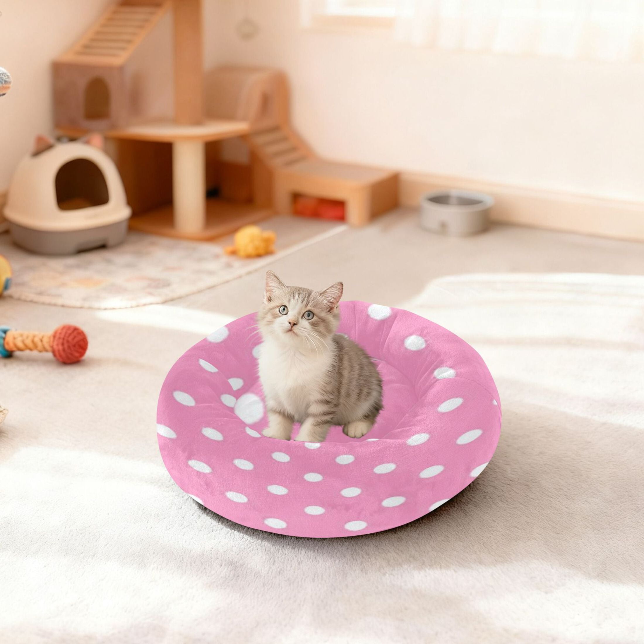 Iauyy Pet Couch Donut Cat Bed for Indoor Cats/Small Dogs Washable & Machine with Non-slip Bottom Calming Cat Furniture, Dot Fabric (M)