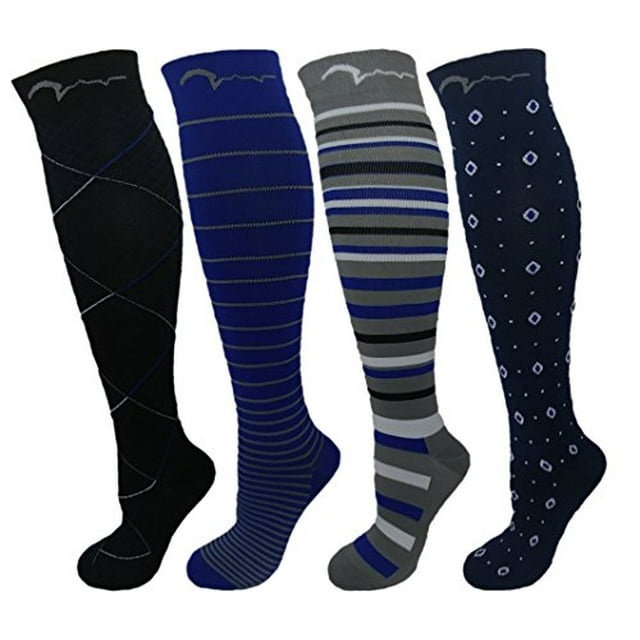 Mens, Womens 4 Pair 15-20mmHg Graduated Compression Socks. Classic Designs. L/XL