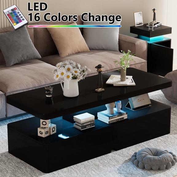 Easoger Modern Stylish Coffee Table with 16 Colors LED Lights, Double-Layer Design for Living Room, Black High Gloss Acrylic