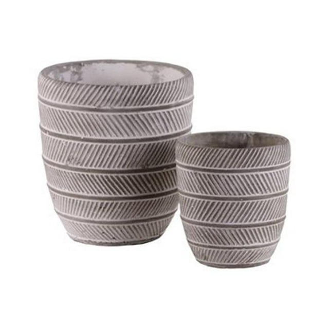 Collection de Tendances Urbaines 56003 Pot Rond en Ciment avec des Lignes Parrallèles Alternées Corps Design & Fond Conique & 44; Finition Béton Lavé & 44; Gris - Lot de 2