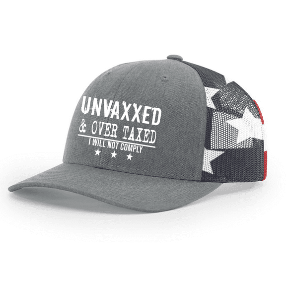 Trenz Shirt Company Mens Unvaxxed & Over Taxed Embroidered Mesh Back Trucker Hat-Heather Grey/Flag