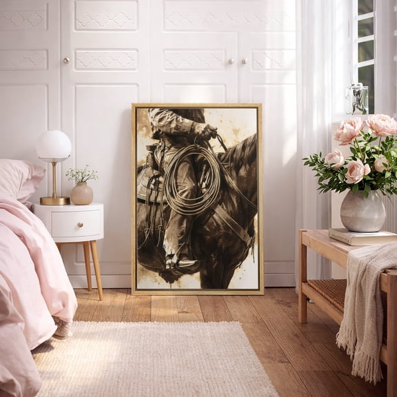 Framed Canvas Print Wall Art Cowboy on Horseback Print Western Rustic Artwork For Living Room Decor - 16"x24" NATURAL