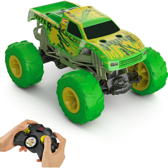 Hot Wheels Monster Trucks RC Toy, Gunkster con control remoto a escala 1:15, brilla en la oscuridad y tiene neumáticos de acción todoterreno con capacidad todoterreno