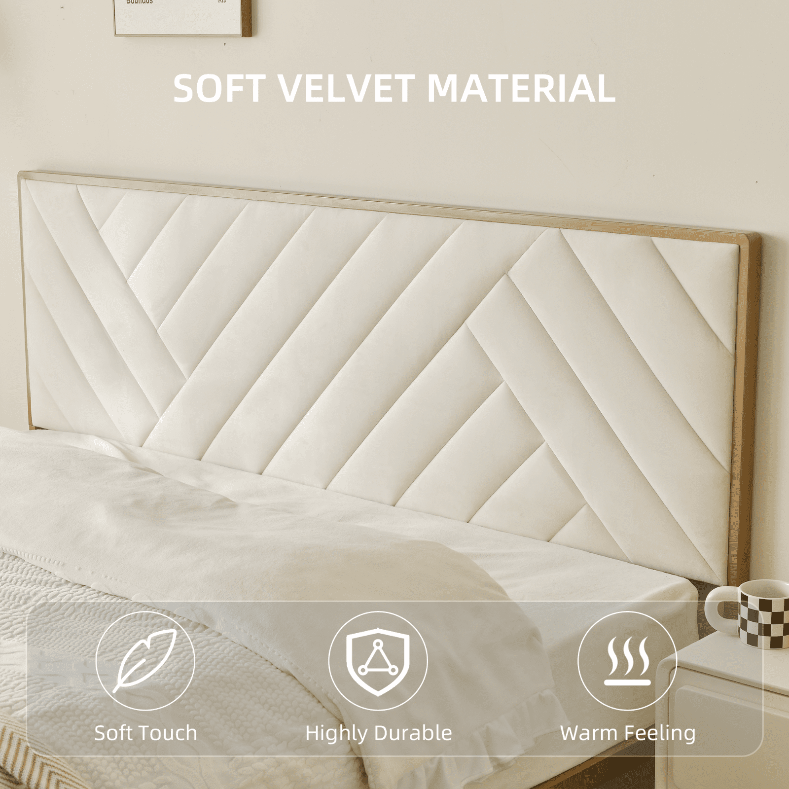 Full Size Bed Frame, Golden Metal Platform Bed Frame with Velvet Upholstered Headboard, Beige