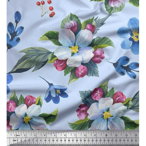 Soimoi Poly Georgette Fabric Leaves,Red Berries & Flower Print Fabric by the Yard 52 Inch Wide