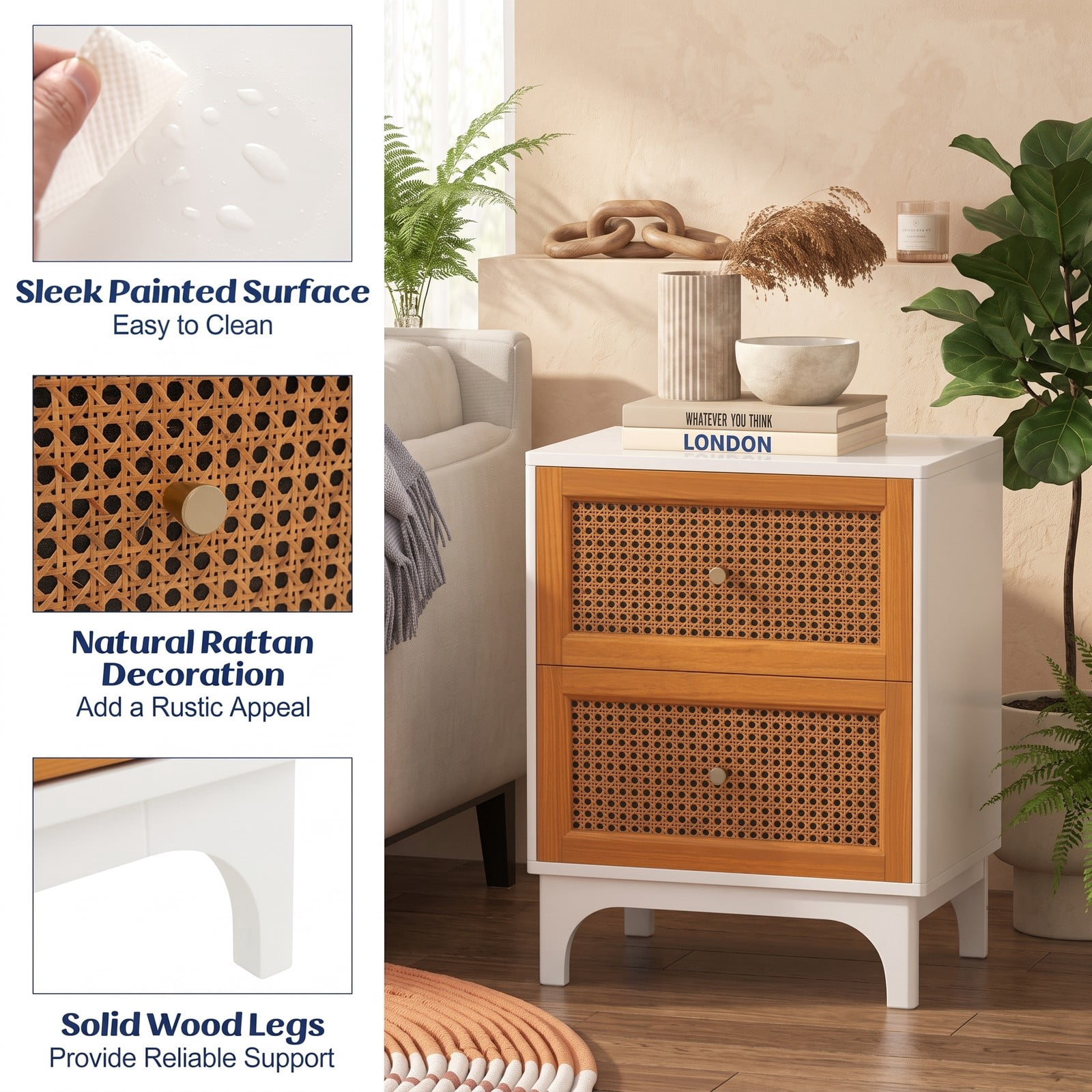 Furnibear Boho Accent Nightstand with 2 Handwoven Rattan Drawers and Solid Wood Legs plus Golden Knobs for Bedroom, White