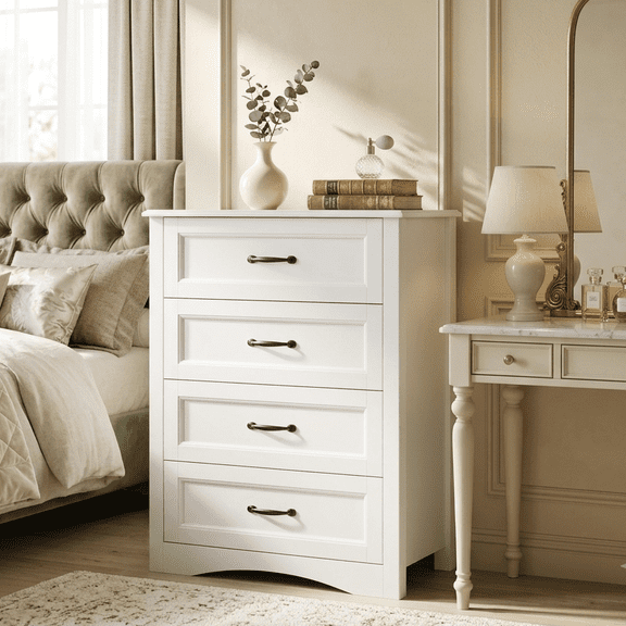 4-Drawer Dresser & Chest of Drawers, White Wooden Storage Cabinet with Durable Painted MDF Finish, Sturdy Organizer for Bedroom, Hallway, Living Room, Office, Closet, Easy Assembly, Nightstand