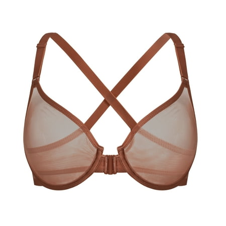 YANDW Women s Front Closure Sheer Mesh Bra Racerback See Through Unlined Plus Size Bralette Underwire  Brown 38D