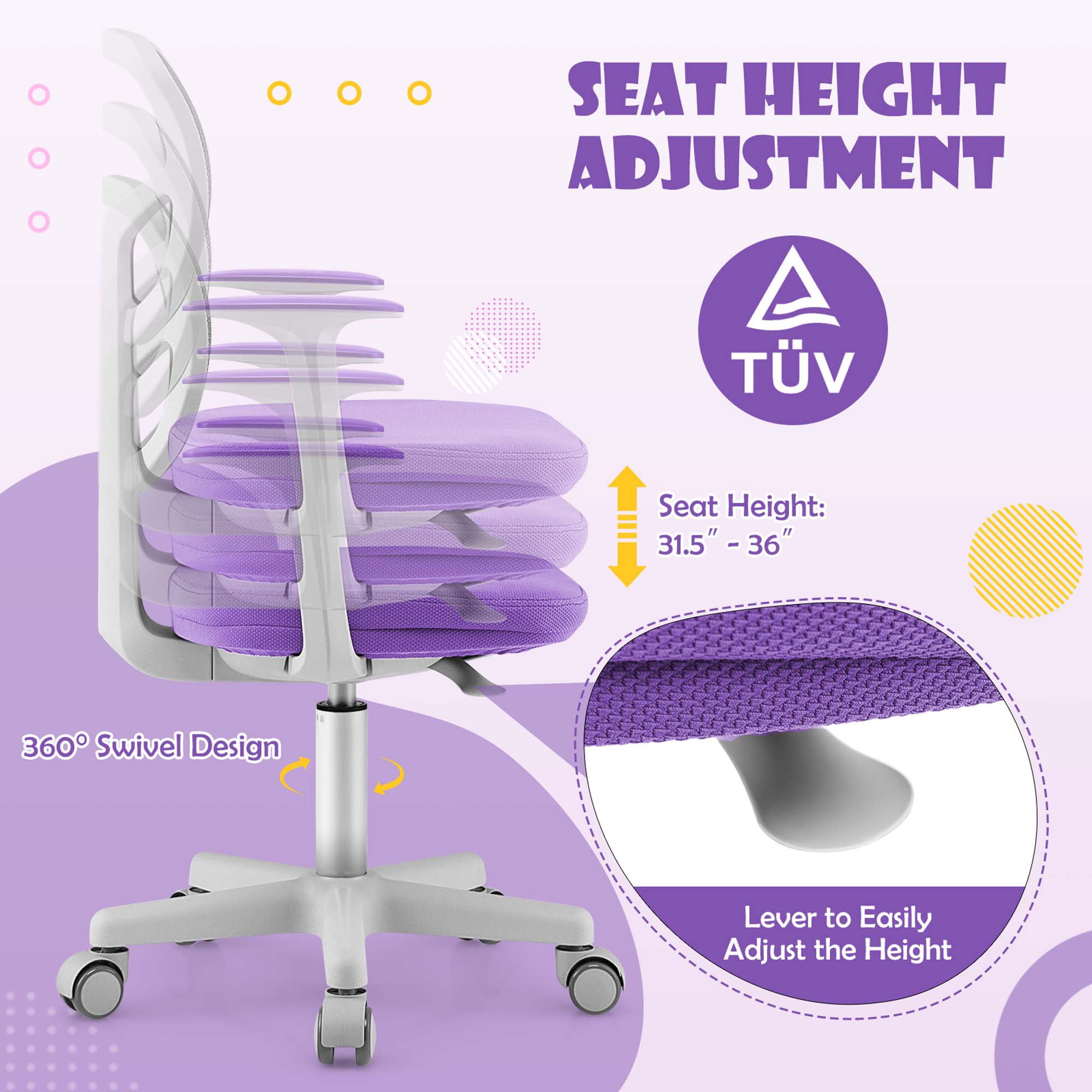 Costway Kids Mesh Armrests Height Adjustable 360-Degree Desk Chairs, Swive Purple
