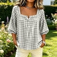 thumbnail image 2 of Edvintorg Plus Size Womens Tops Plaid Square Neck Casual Pullover Shirt Lightweight 3/4 Sleeve Loose Blouse with Button Clothes Women Gray L, 2 of 5