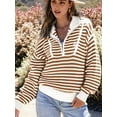 thumbnail image 6 of Women Striped Half Zip Long Sleeve Ribbed Knit Pullover Comfy Casual Light-Weight Tops Fall Fashion Brown S, 6 of 8