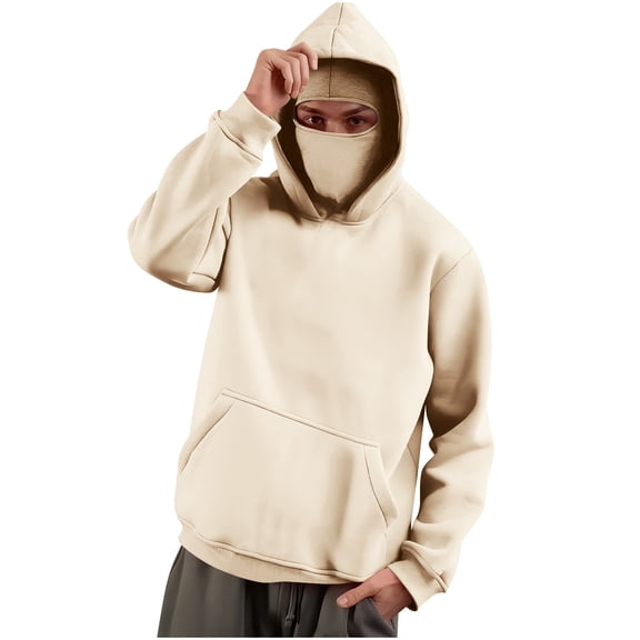 QSAWXQZ Men's Cargo Hoodie Built in Face Mask Long Sleeve Warm Pullover Sweatshirt with Pockets Beige XL
