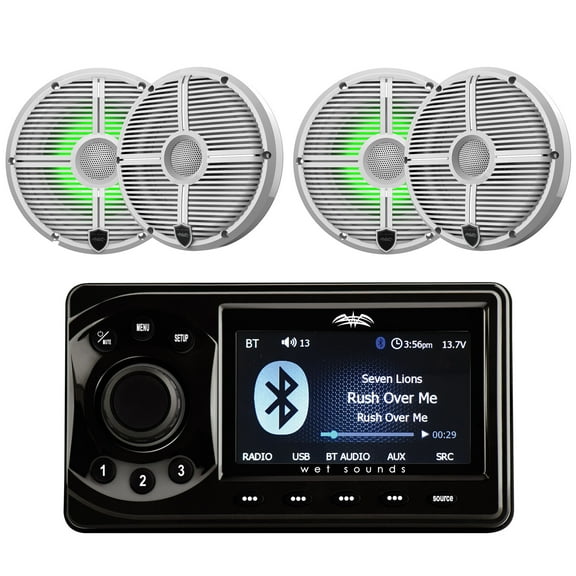 Wet Sounds WS-MC-1 4 Zone Bluetooth Marine Media Center with 5" LCD Display with 2 Pairs Wet Sounds RECON 6 XW-W RGB LED Recon Series 6.5" 60-Watt RMS Coaxial Speakers With White XW Grilles (Pair)