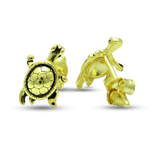 SilverCloseOut Yellow Gold Plated Sterling Silver Womens Small Turtle Stud Earrings for Teens - 9mm