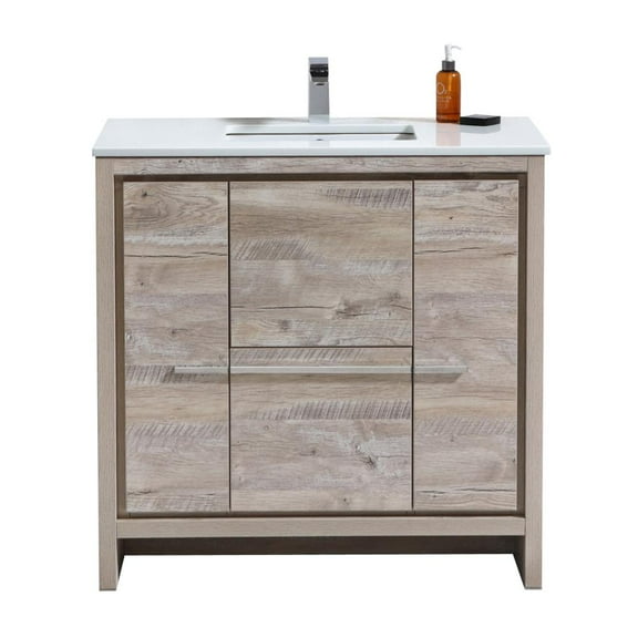 Kubebath 36″ Nature Wood  Modern Bathroom Vanity with White Quartz Counter-Top
