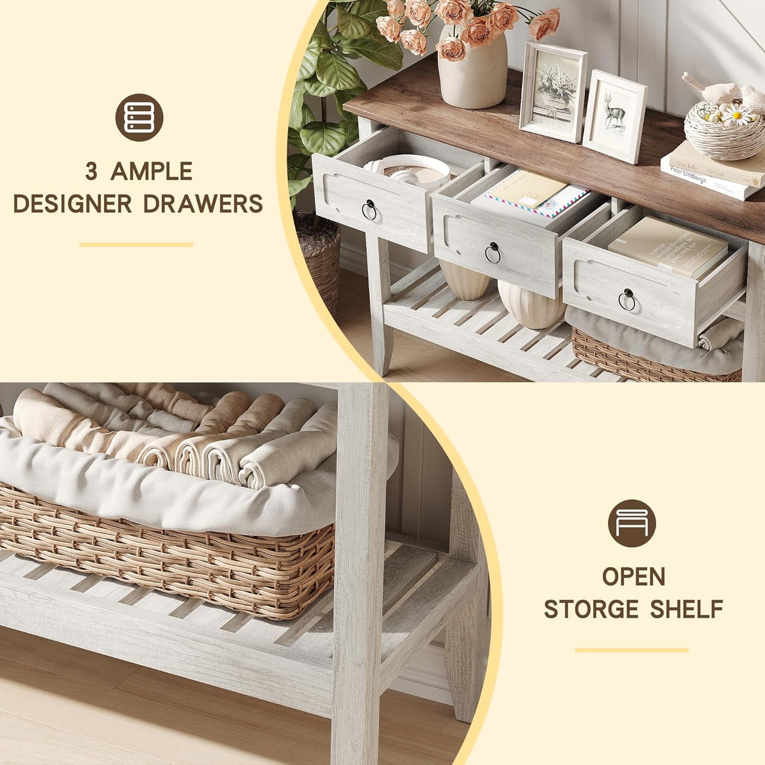 VEANERWOOD Farmhouse Entryway Table with 3 Drawers, 2-Tier Console Table with Storage for Entryway Living Room
