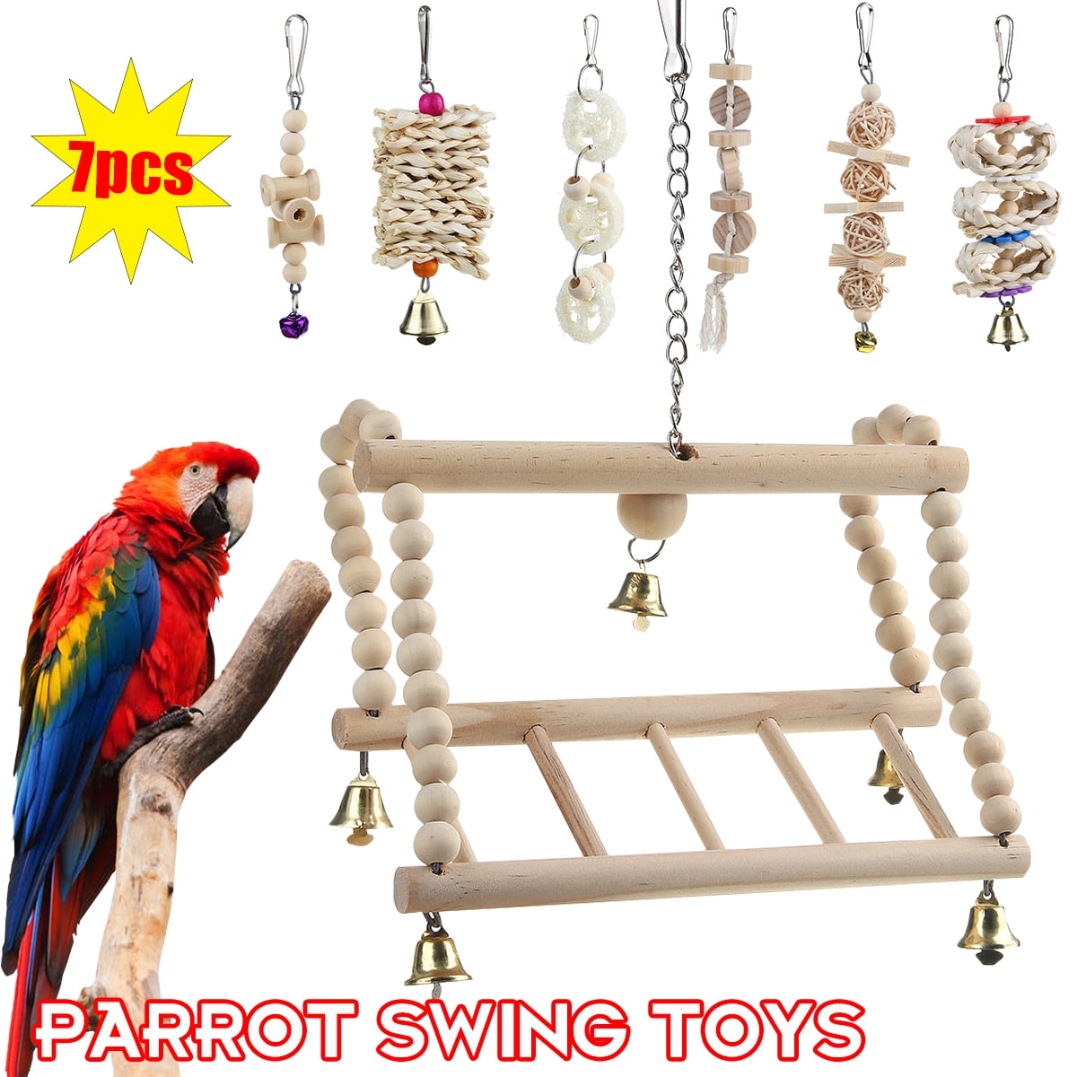 Pet Bites Parrot Bird Climb Chew Toys Bell Swing Cage Hanging Cockatiel Parakee 