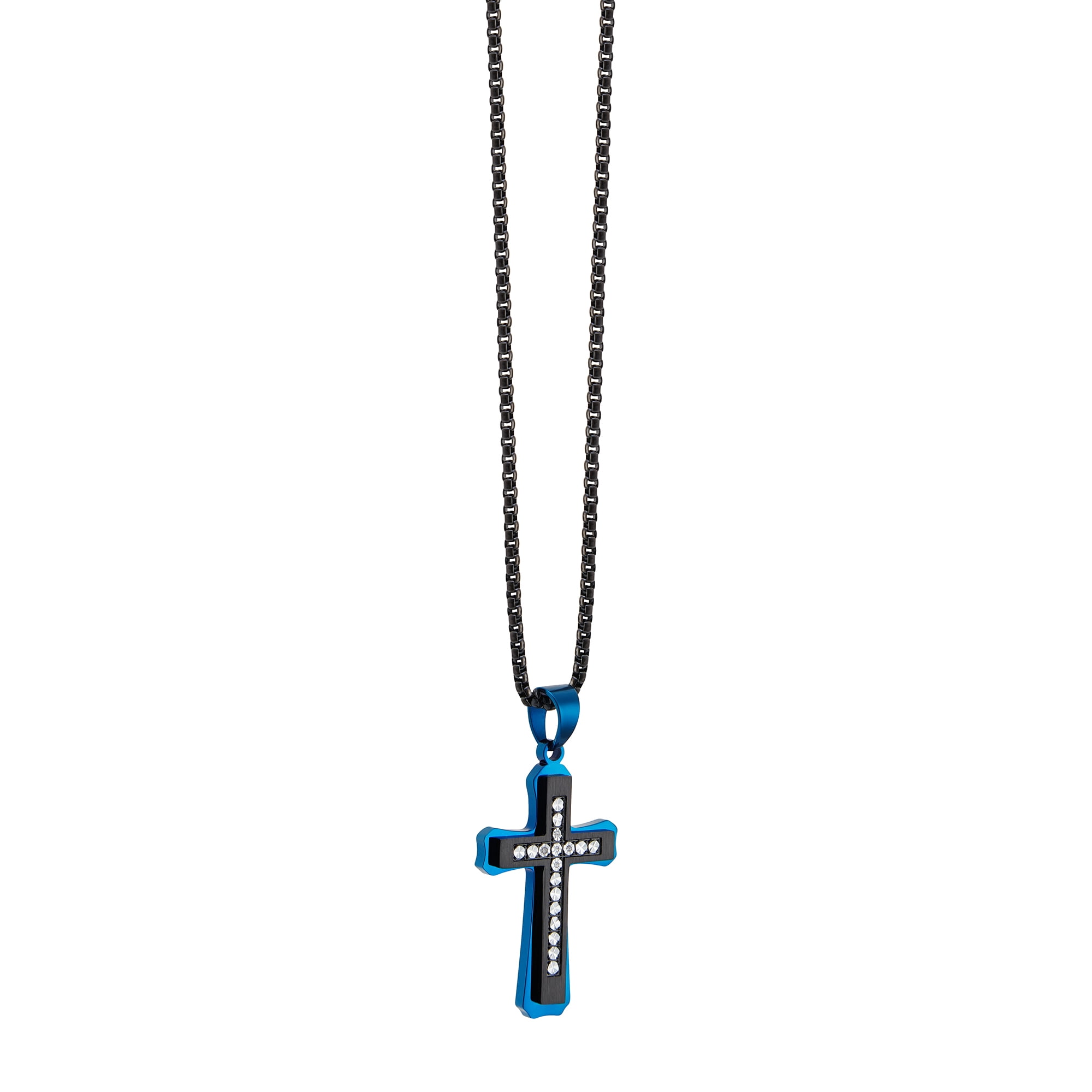 American Exchange Men's Diamond Stainless Steel Gunmetal/Blue Cross Pendant Necklace