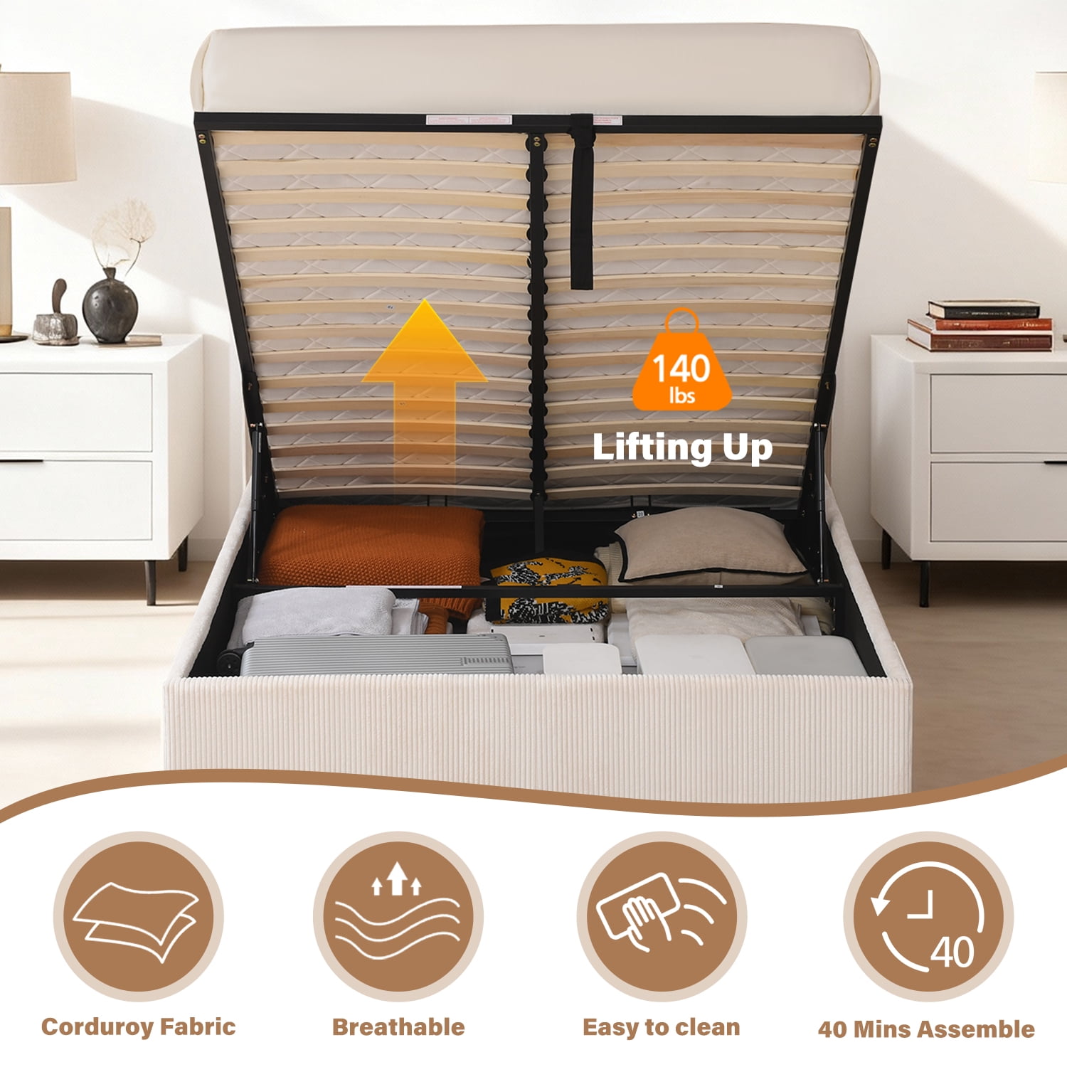 King Size Bed Frame with Lift Up Storage, Corduroy Upholstered Platform Bed with Wingback Headboard, No Box Spring Needed, Hydraulic Storage, White