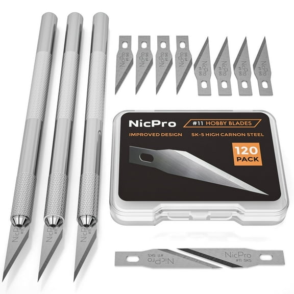 Nicpro 123 Pcs Hobby Knife Set, 3 Pcs Carving Craft Knife with 120 Pcs SK-5 Utility #11 Art Blades Refill, Precision Cutter Craft Kit for Leather Art, Scrapbooking, Foam, Clay, Carving, Scalpel
