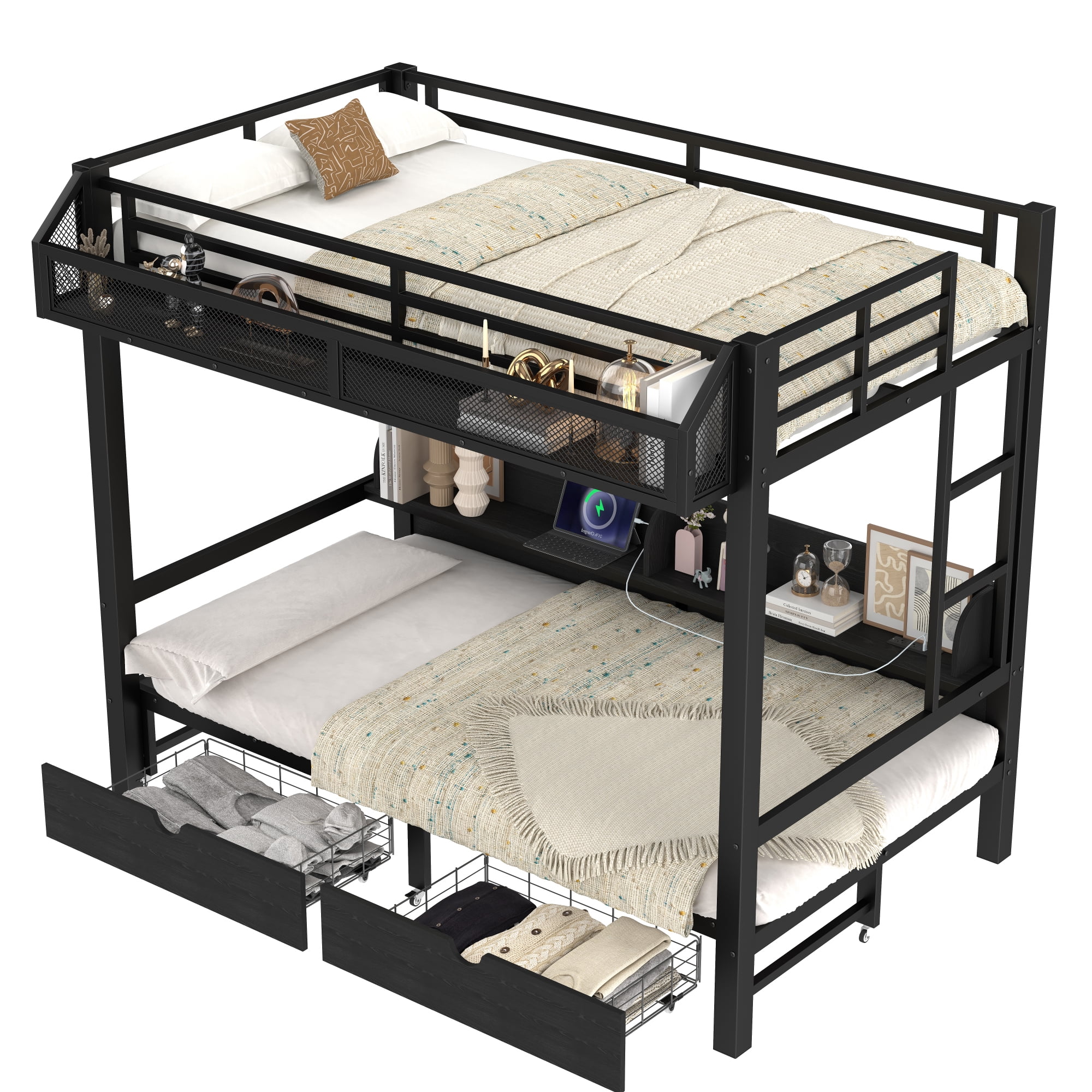 Twin XL over Twin XL Metal Bunk Bed with Storage Shelves and 2 Drawers, Multifunctional Bunk Bed Frame with USB Ports and LED Lights, Lower Bed that can be converted into a sofa