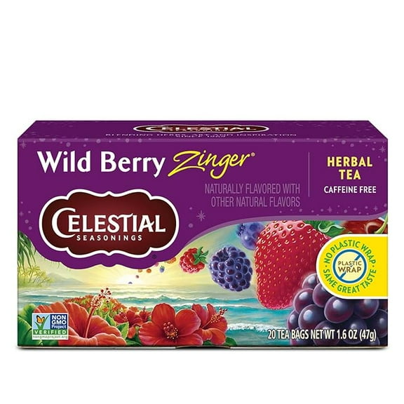 Celestial Seasonings Wild Berry Zinger Herbal Tea, Caffeine Free, 20 Tea Bags Box