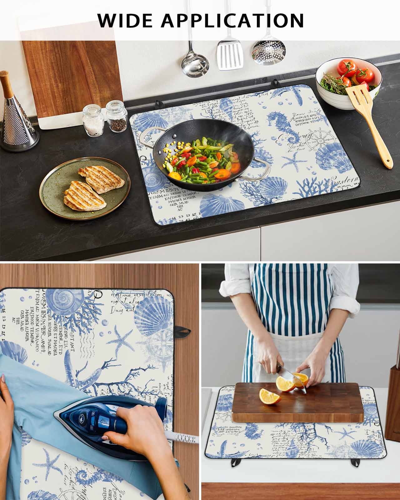 nqOlkjepod Large Induction Cooktop Protector Mat 36"x21", Blue Seashells Stove Top Covers for Electric Stove, Coastal Nautical Ocean Starfish Coral Stove Burner Cover Mats, Glass Top Stove Cover
