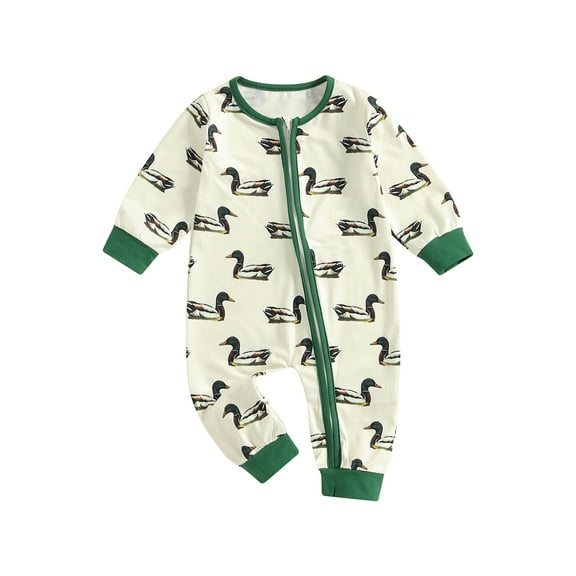 Infant Newborn Baby Boy Girl Romper Mallard Duck Print Long Sleeve Zipper Jumpsuit Playsuit Coveralls Outfit Cute Fall Winter Clothes