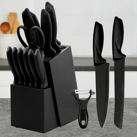 Wooden Block Knife Set 15pcs, Self-Sharpening Chef Knives with Steak Knives, Hammered Medium Carbon Stainless Steel, Kitchen Knife Set Gift Boxed, Black/Wooden Christmas Gift