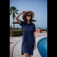 thumbnail image 4 of Vestido Camisero de Verano para Mujer, de Corta con Encaje, Informal, con Cuello Redondo y Plisado, Color Azul, Talla L, 4 of 7