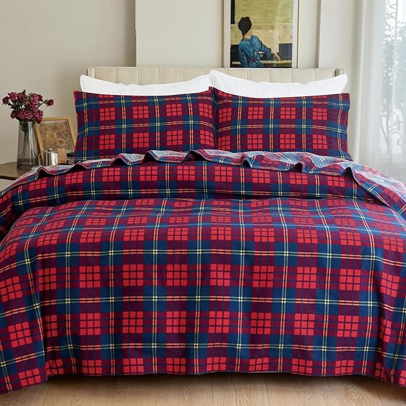 Elegant Comfort 4-Piece Cotton Flannel Sheet Set, Deep Pocket Fitted, Cali King, Plaid-Red/Navy