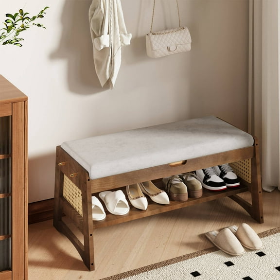 Richryce Flip-Top Shoe Bench with Storage, 27.6" Solid Wood Shoe Organizer & Cushion, Side Hooks for Entryway, Hallway, Closet, Living Room, or Bedroom